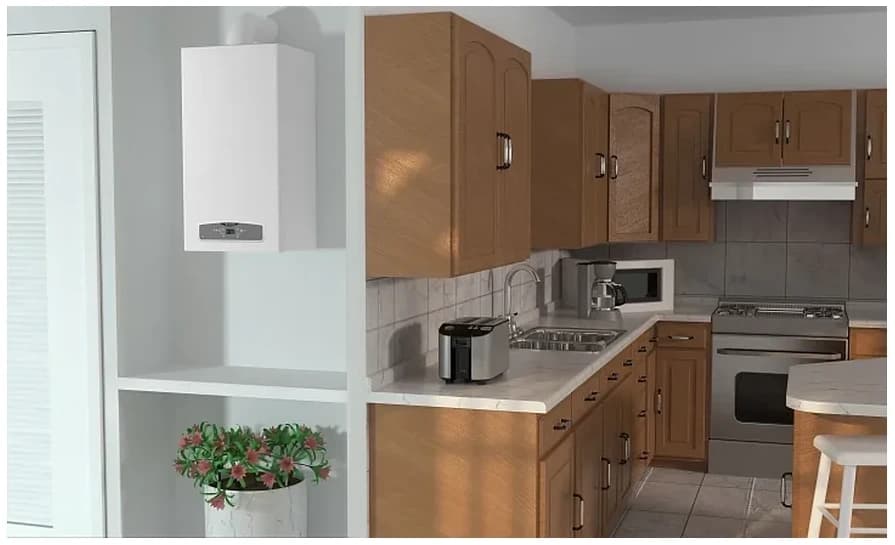 Ariston CARES X 24 CF NG — в интерьере кухни с деревянными фасадами